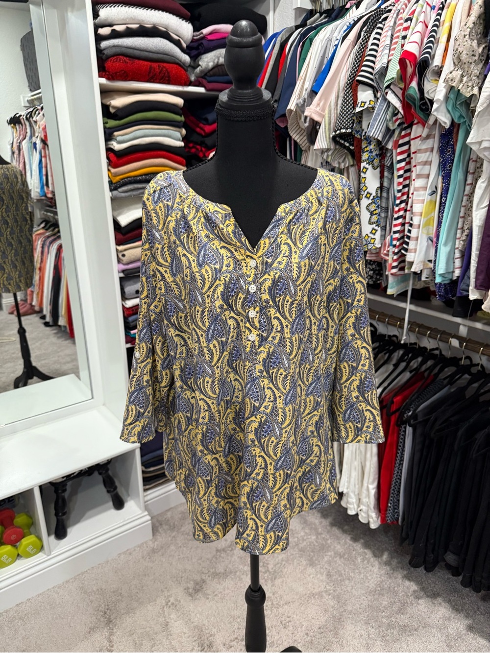 croft & barrow Yellow and Navy Paisley Button-Front Blouse